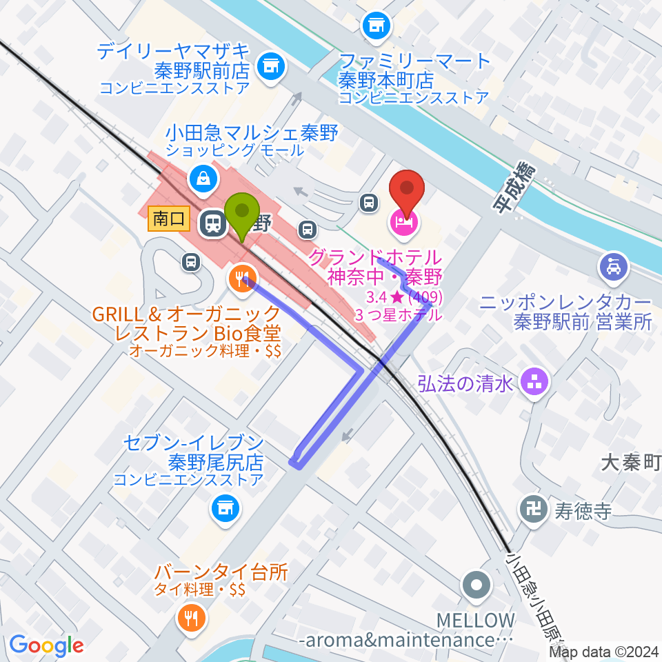 秦野カルチャーセンターの最寄駅秦野駅からの徒歩ルート（約2分）地図