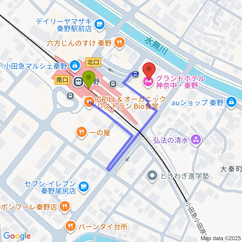 秦野カルチャーセンターの最寄駅秦野駅からの徒歩ルート（約2分）地図
