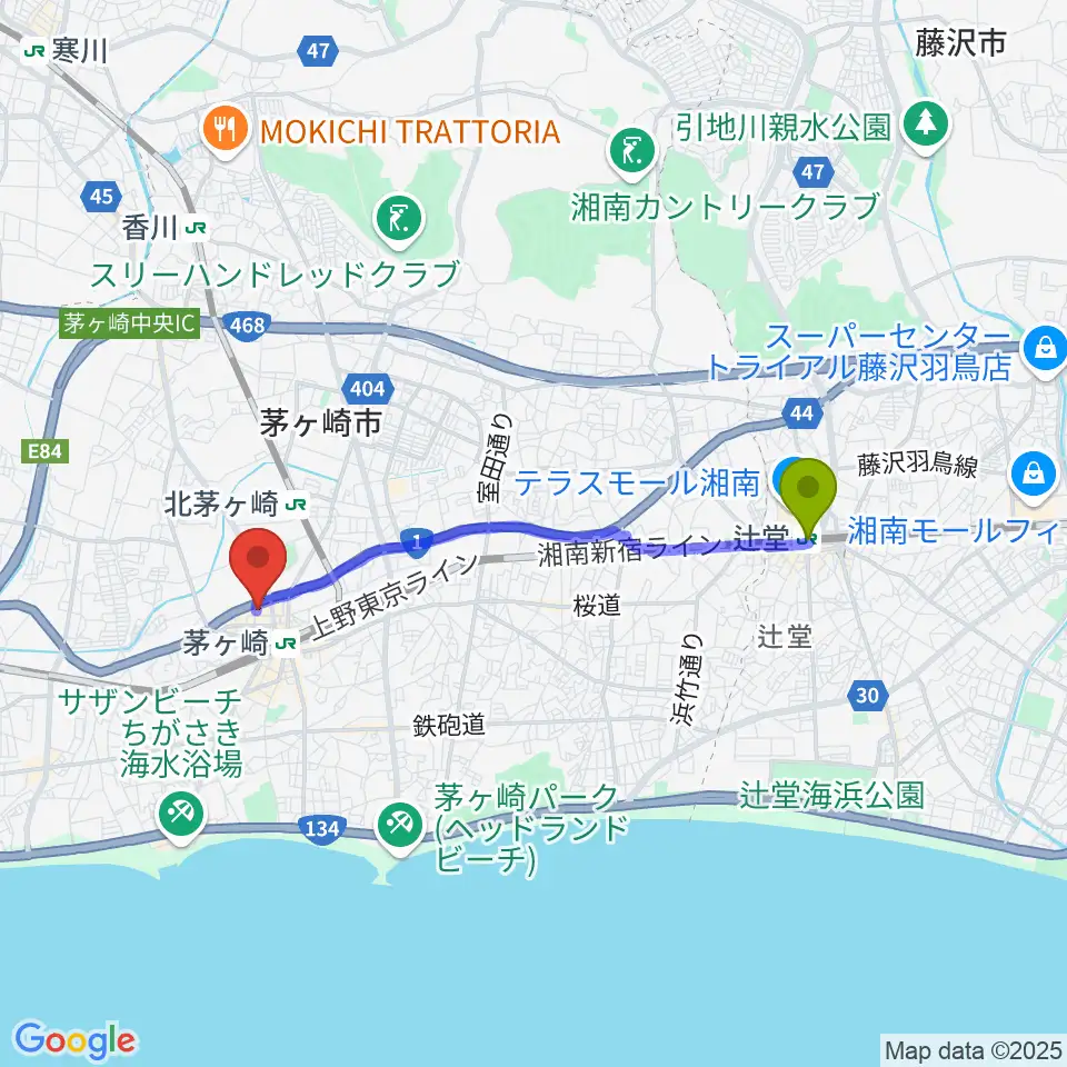 辻堂駅からヨークカルチャーセンター茅ヶ崎へのルートマップ地図