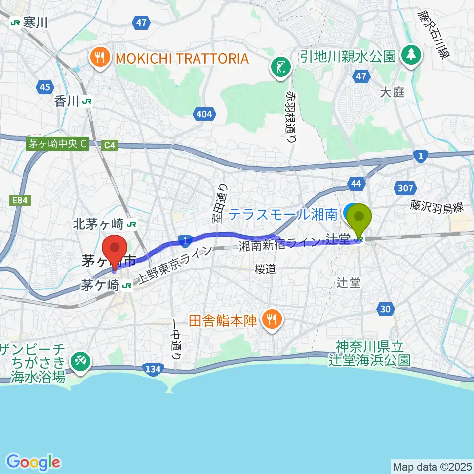 辻堂駅からヨークカルチャーセンター茅ヶ崎へのルートマップ地図