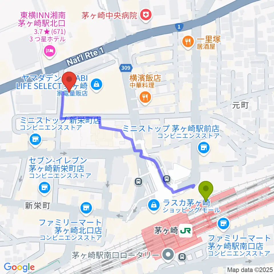 ヨークカルチャーセンター茅ヶ崎の最寄駅茅ケ崎駅からの徒歩ルート（約5分）地図