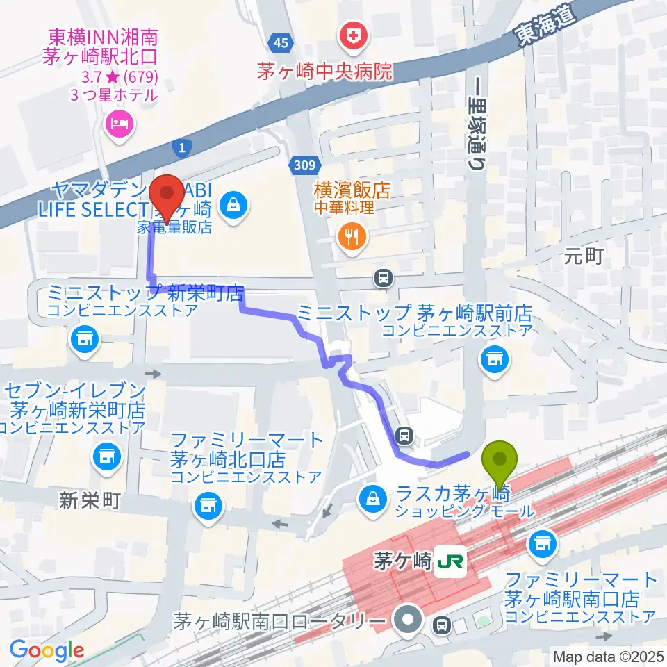 ヨークカルチャーセンター茅ヶ崎の最寄駅茅ケ崎駅からの徒歩ルート（約5分）地図