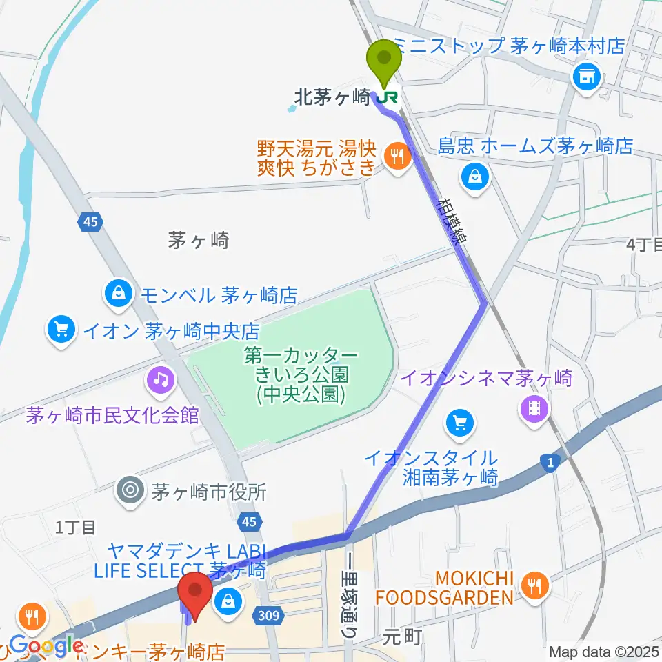 北茅ケ崎駅からヨークカルチャーセンター茅ヶ崎へのルートマップ地図