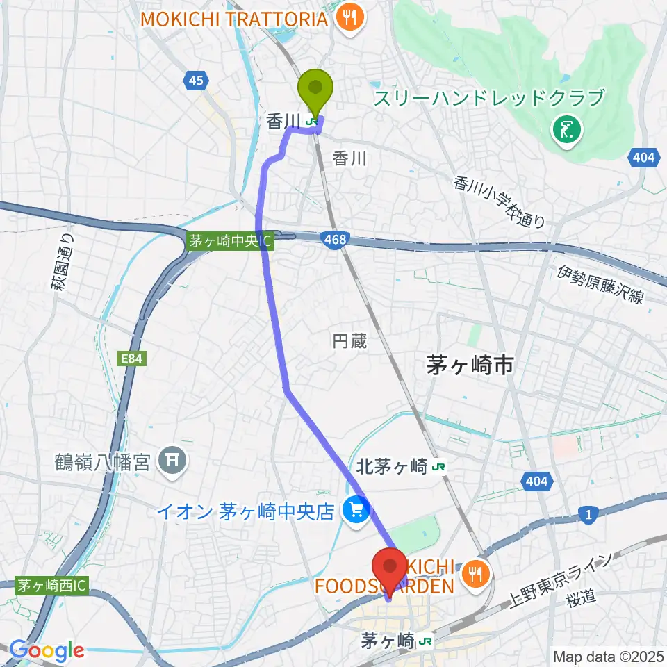 香川駅からヨークカルチャーセンター茅ヶ崎へのルートマップ地図