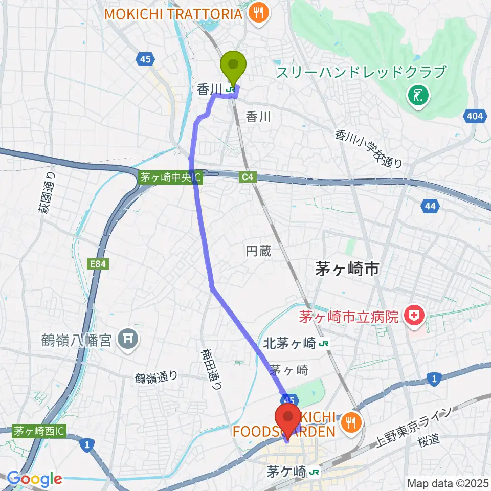 香川駅からヨークカルチャーセンター茅ヶ崎へのルートマップ地図