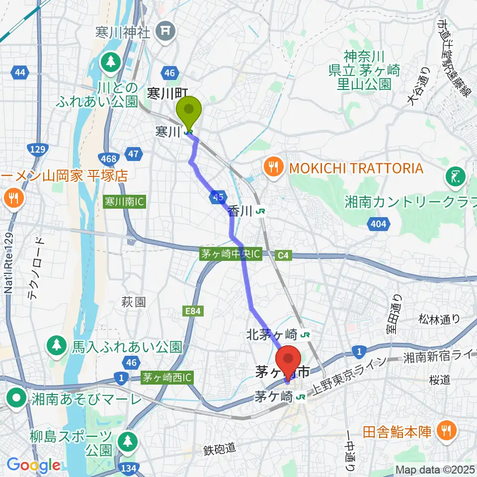 寒川駅からヨークカルチャーセンター茅ヶ崎へのルートマップ地図