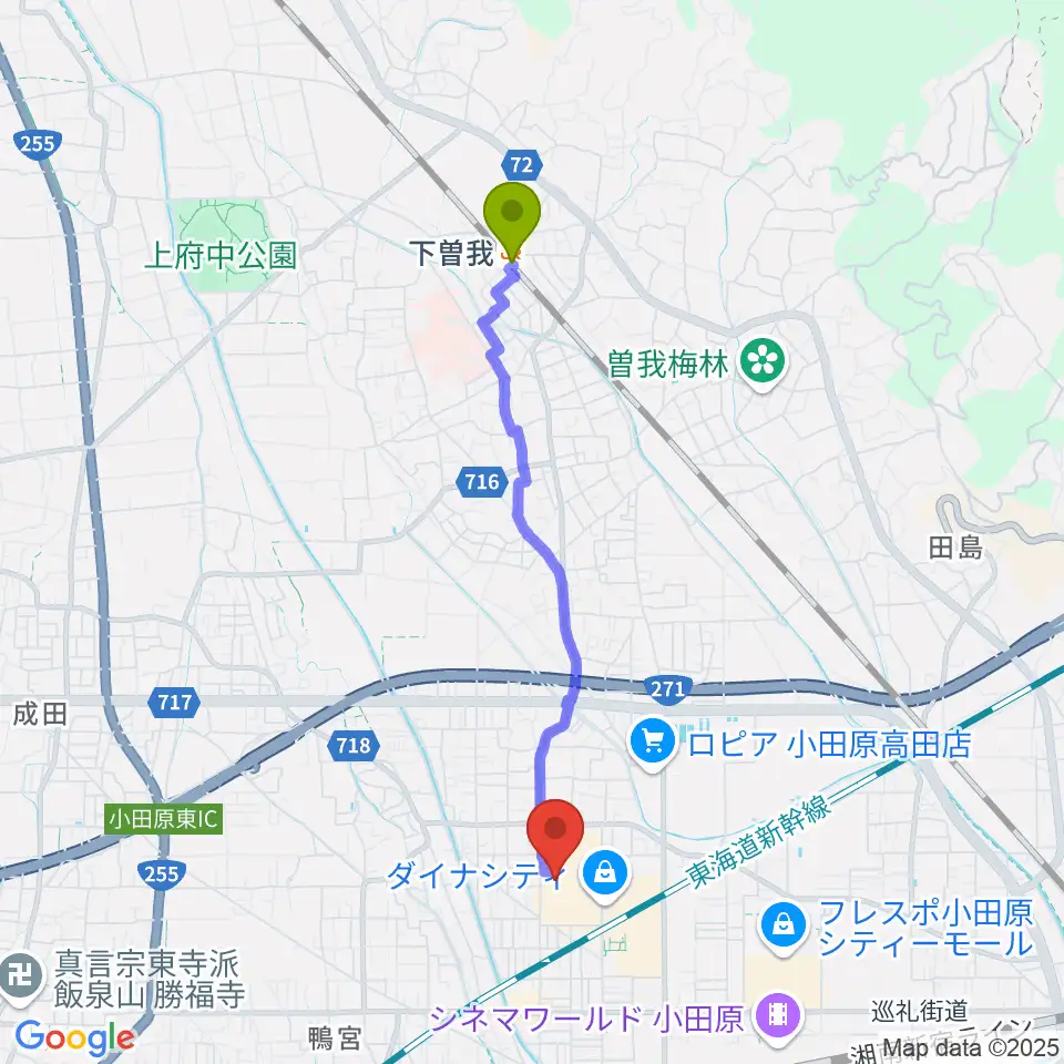 下曽我駅からカルチャーセンター小田原へのルートマップ地図