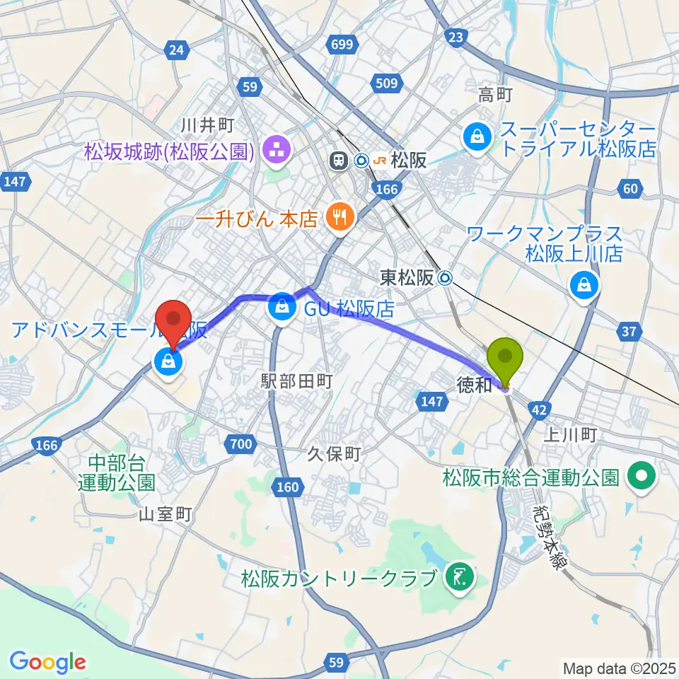 徳和駅から村井楽器 松阪店へのルートマップ地図