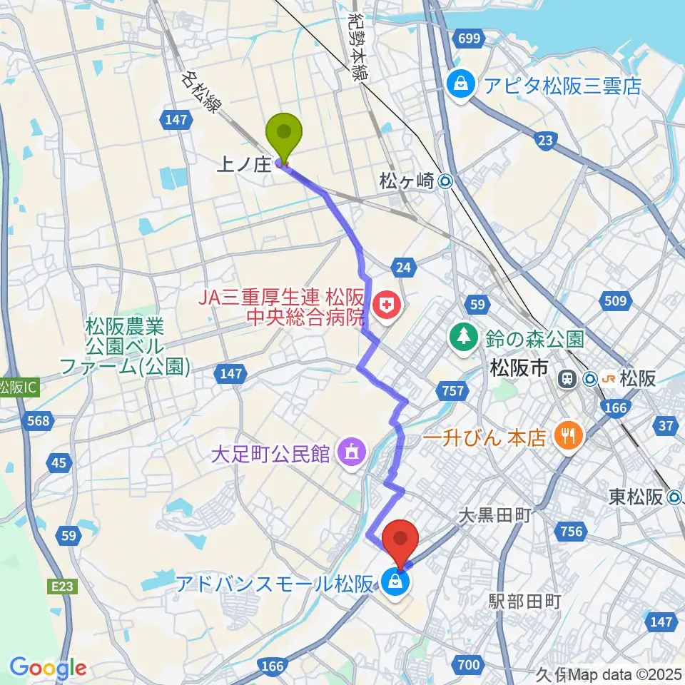 上ノ庄駅から村井楽器 松阪店へのルートマップ地図