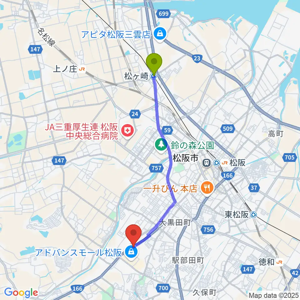 松ヶ崎駅から村井楽器 松阪店へのルートマップ地図