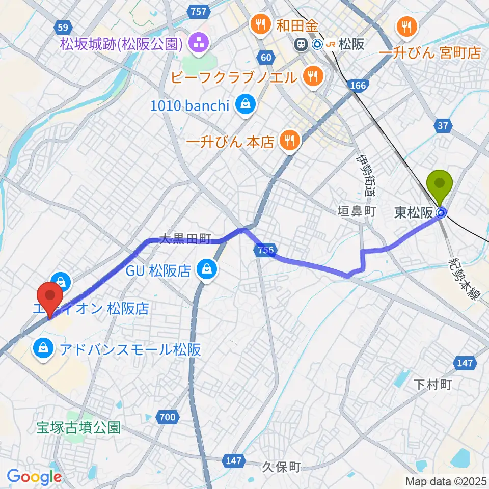 東松阪駅から村井楽器 松阪店へのルートマップ地図
