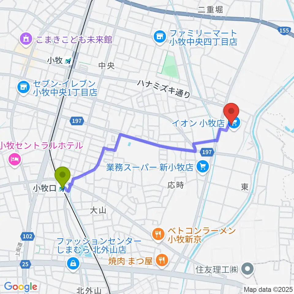小牧口駅から村井楽器小牧店へのルートマップ地図