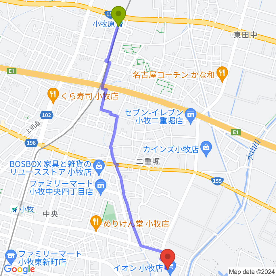 小牧原駅から村井楽器小牧店へのルートマップ地図