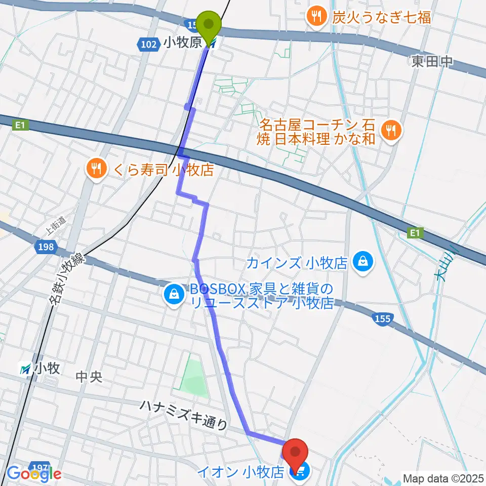小牧原駅から村井楽器小牧店へのルートマップ地図