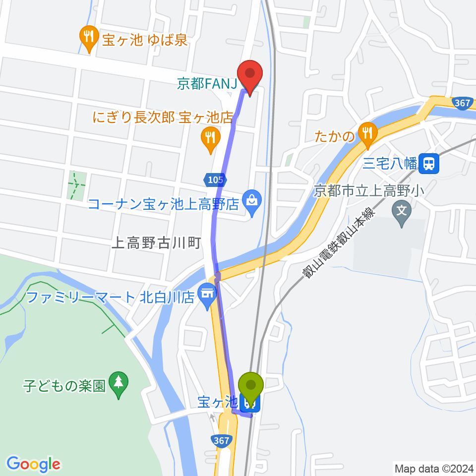 宝ヶ池駅から京都FANJへのルートマップ地図