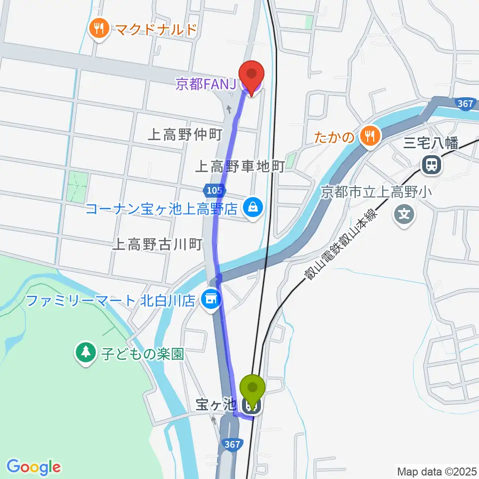 宝ヶ池駅から京都FANJへのルートマップ地図