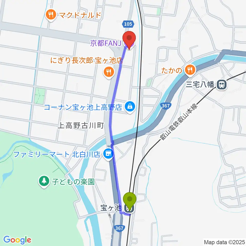 宝ヶ池駅から京都FANJへのルートマップ地図