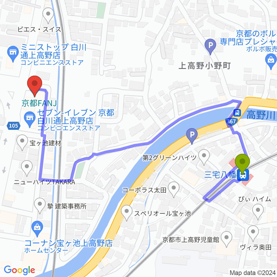 三宅八幡駅から京都FANJへのルートマップ地図