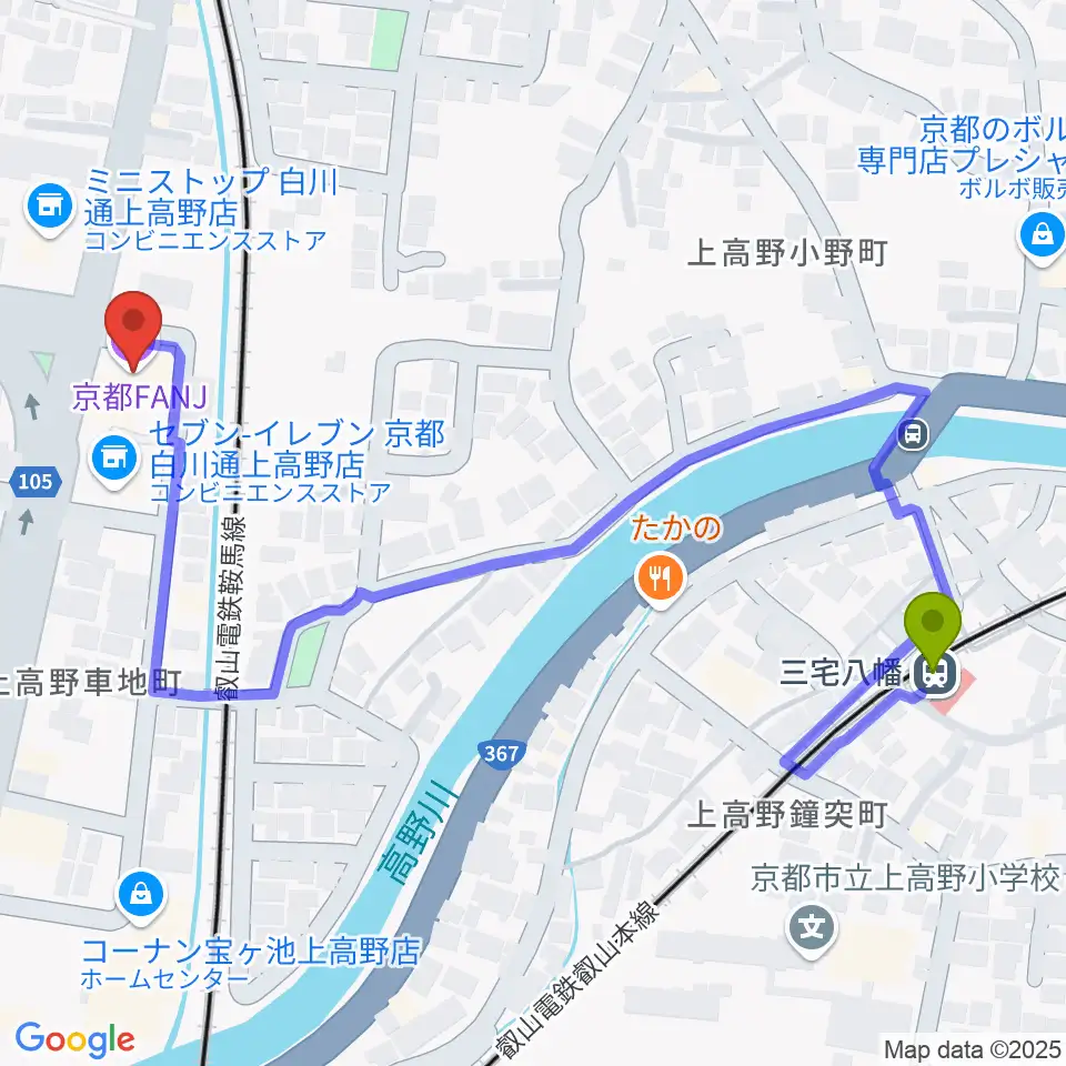 三宅八幡駅から京都FANJへのルートマップ地図