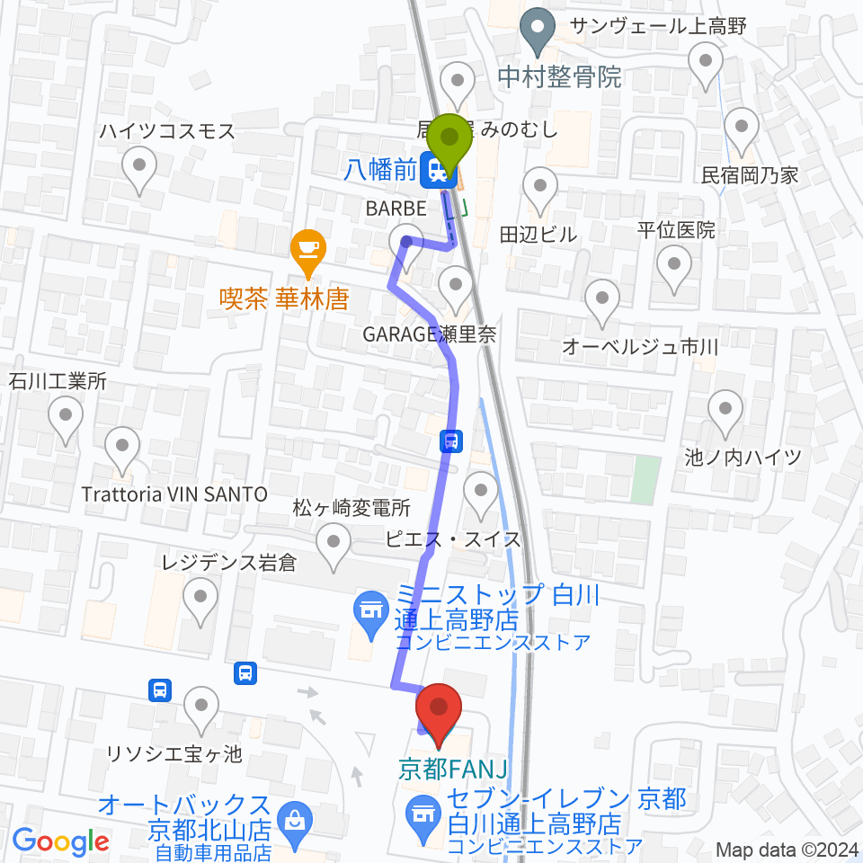 京都FANJの最寄駅八幡前駅からの徒歩ルート（約5分）地図