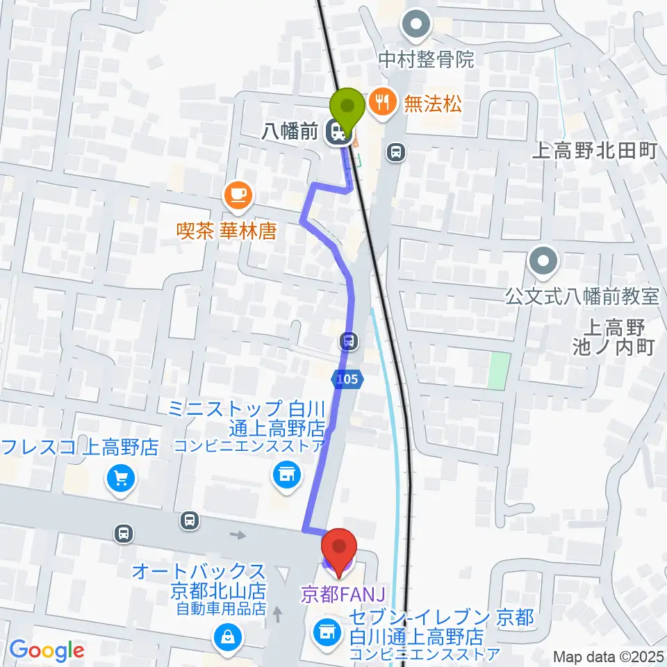 京都FANJの最寄駅八幡前駅からの徒歩ルート（約5分）地図