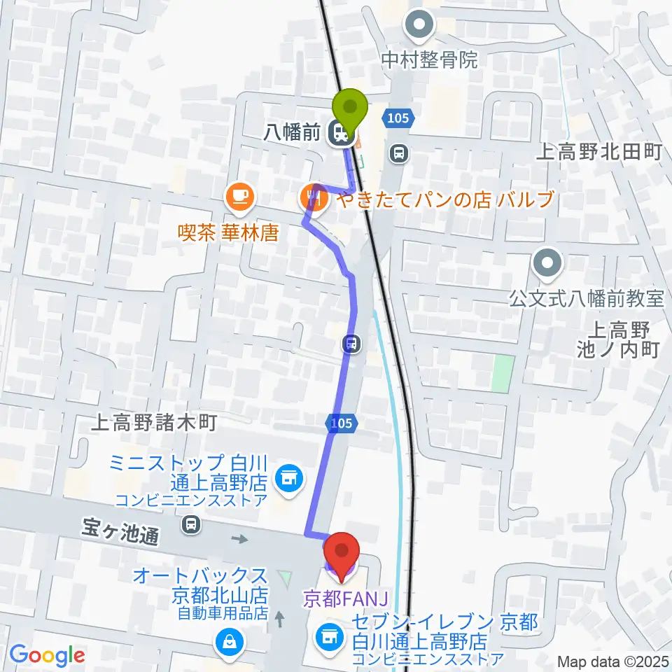 京都FANJの最寄駅八幡前駅からの徒歩ルート（約5分）地図