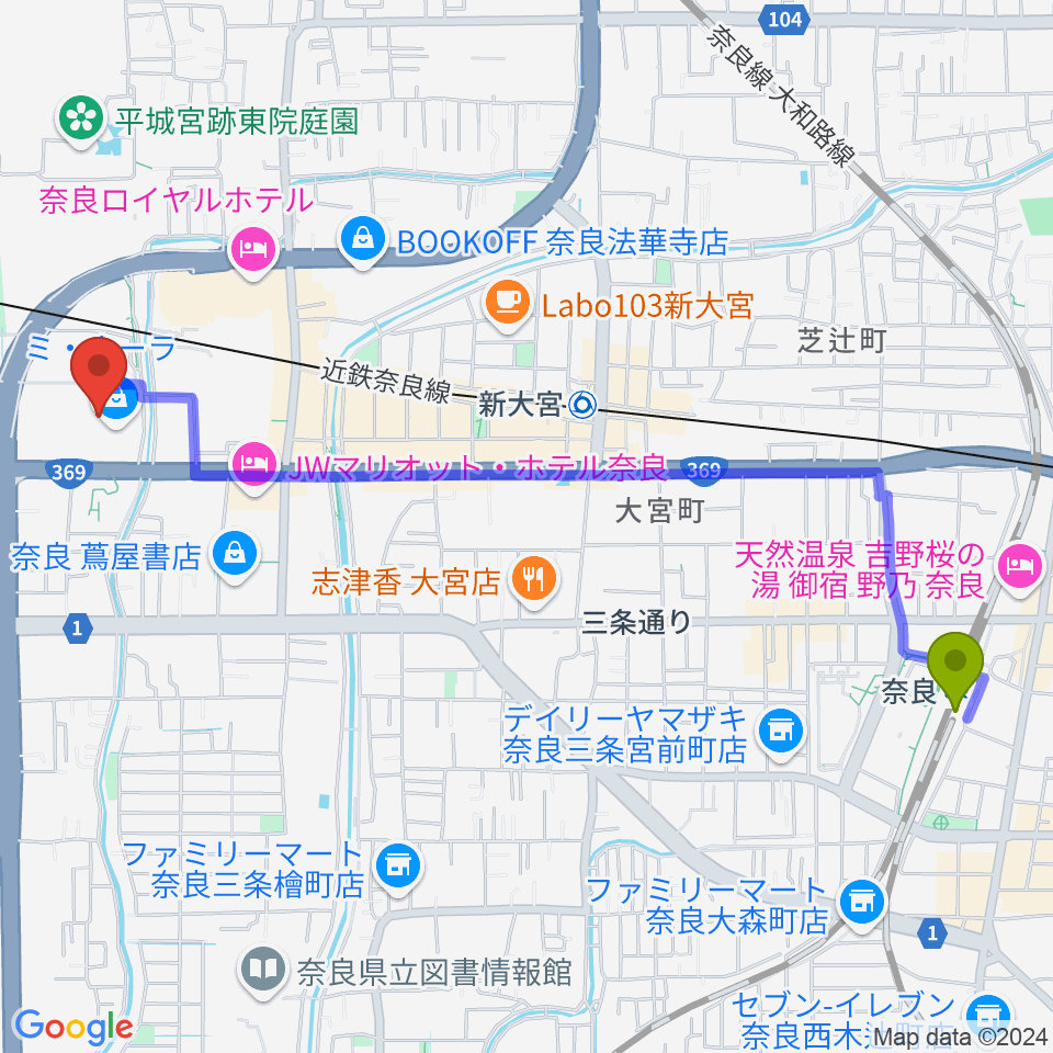 奈良駅から奈良カルチャーセンターへのルートマップ地図