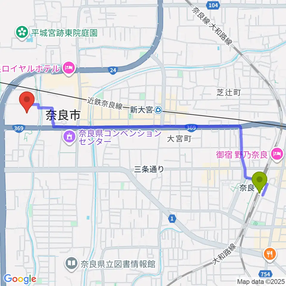 奈良駅から奈良カルチャーセンターへのルートマップ地図