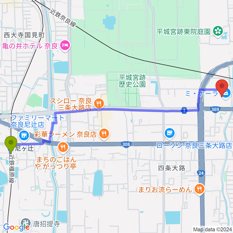 尼ヶ辻駅から奈良カルチャーセンターへのルートマップ地図