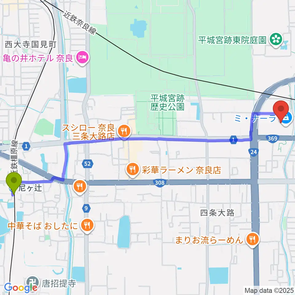 尼ヶ辻駅から奈良カルチャーセンターへのルートマップ地図