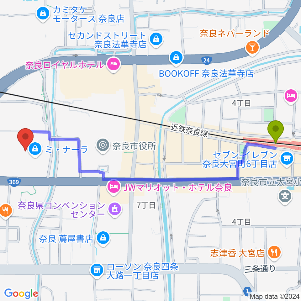 奈良カルチャーセンターの最寄駅新大宮駅からの徒歩ルート（約13分）地図