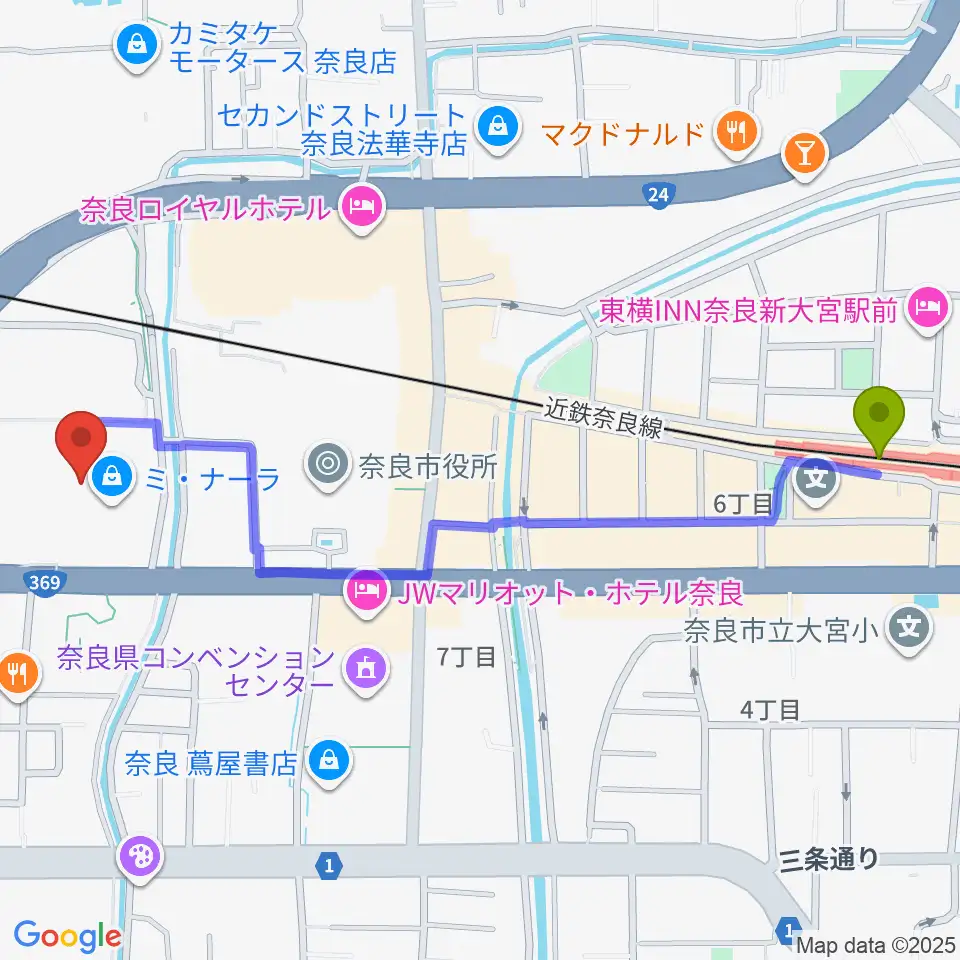 奈良カルチャーセンターの最寄駅新大宮駅からの徒歩ルート（約13分）地図