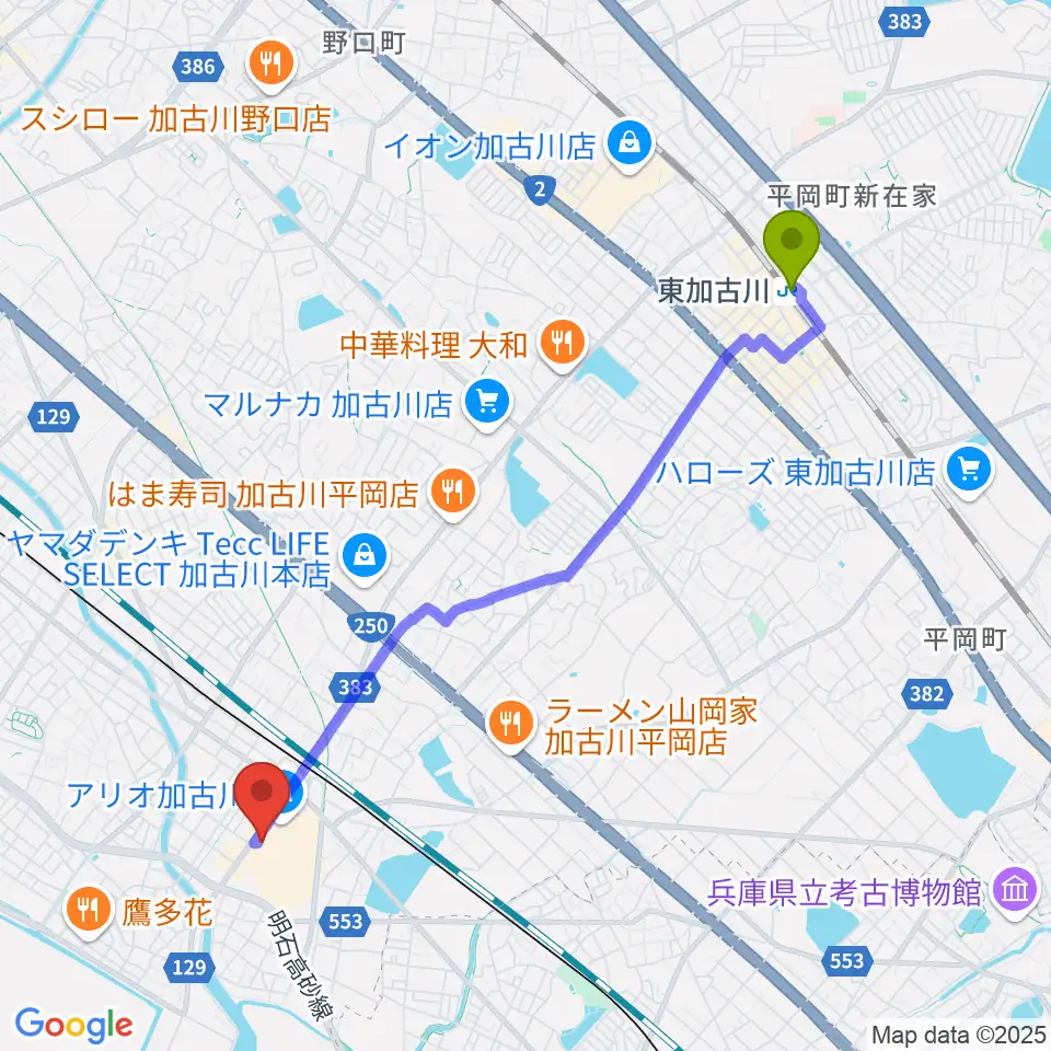 東加古川駅からヨークカルチャーセンター加古川へのルートマップ地図