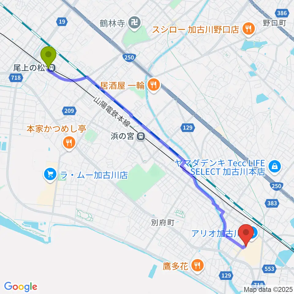 尾上の松駅からヨークカルチャーセンター加古川へのルートマップ地図