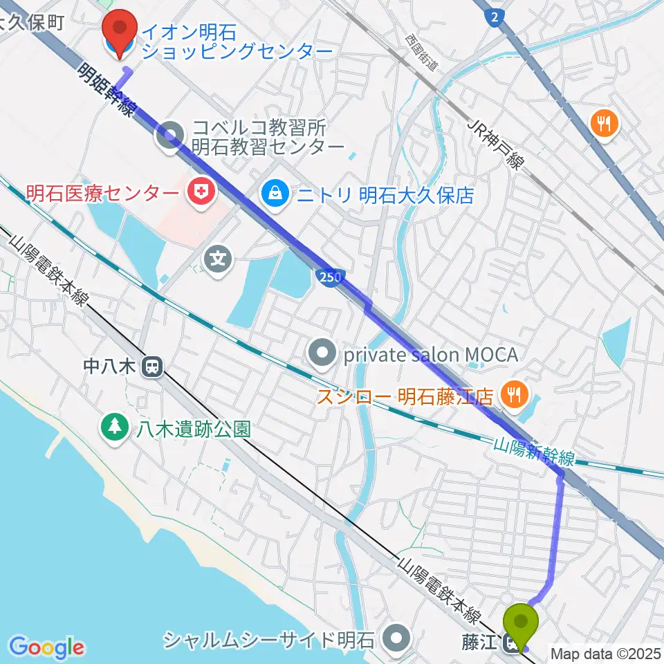藤江駅から明石カルチャーセンターへのルートマップ地図
