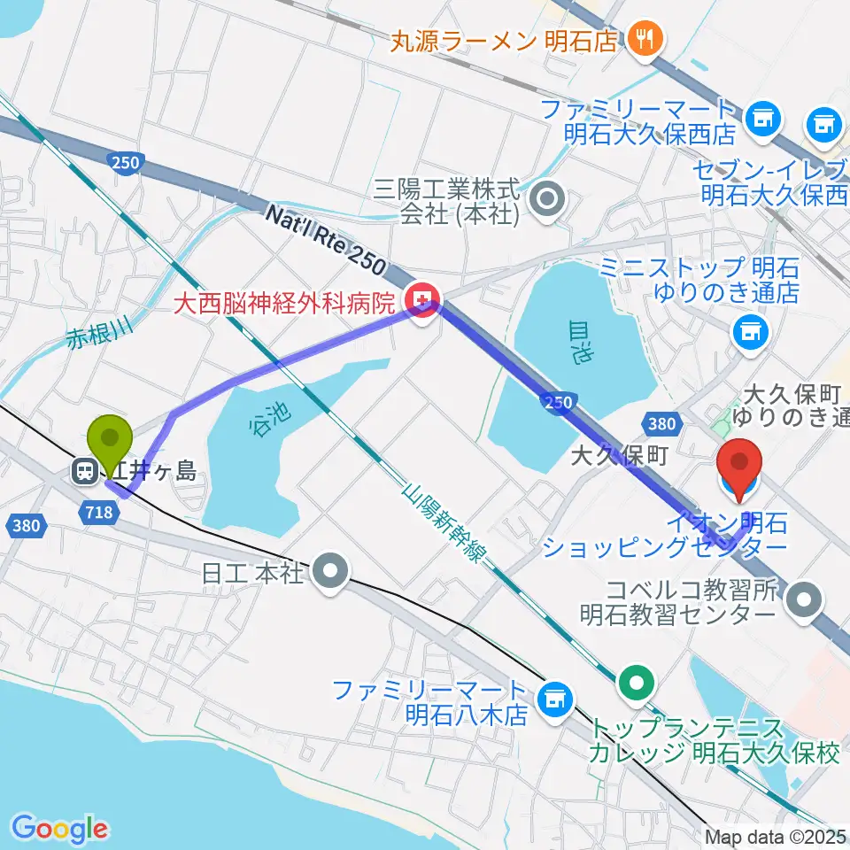 江井ヶ島駅から明石カルチャーセンターへのルートマップ地図