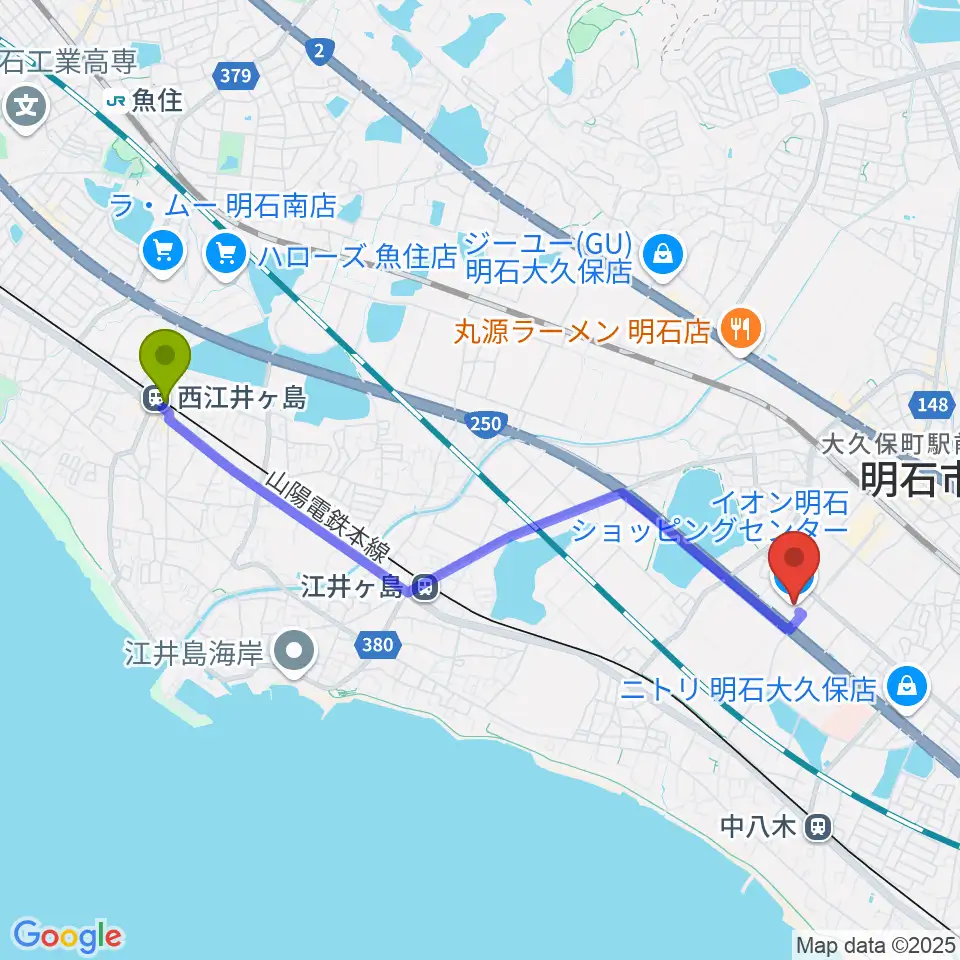 西江井ヶ島駅から明石カルチャーセンターへのルートマップ地図