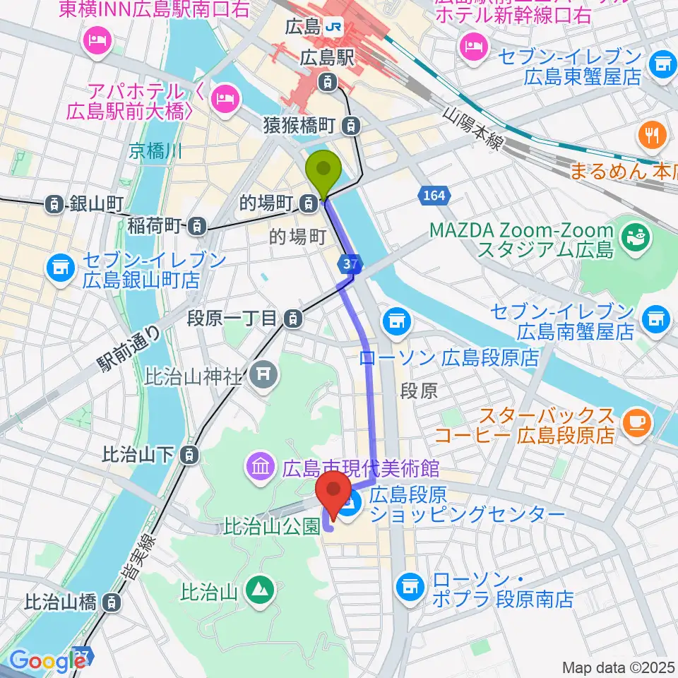 的場町駅から広島カルチャーセンターへのルートマップ地図