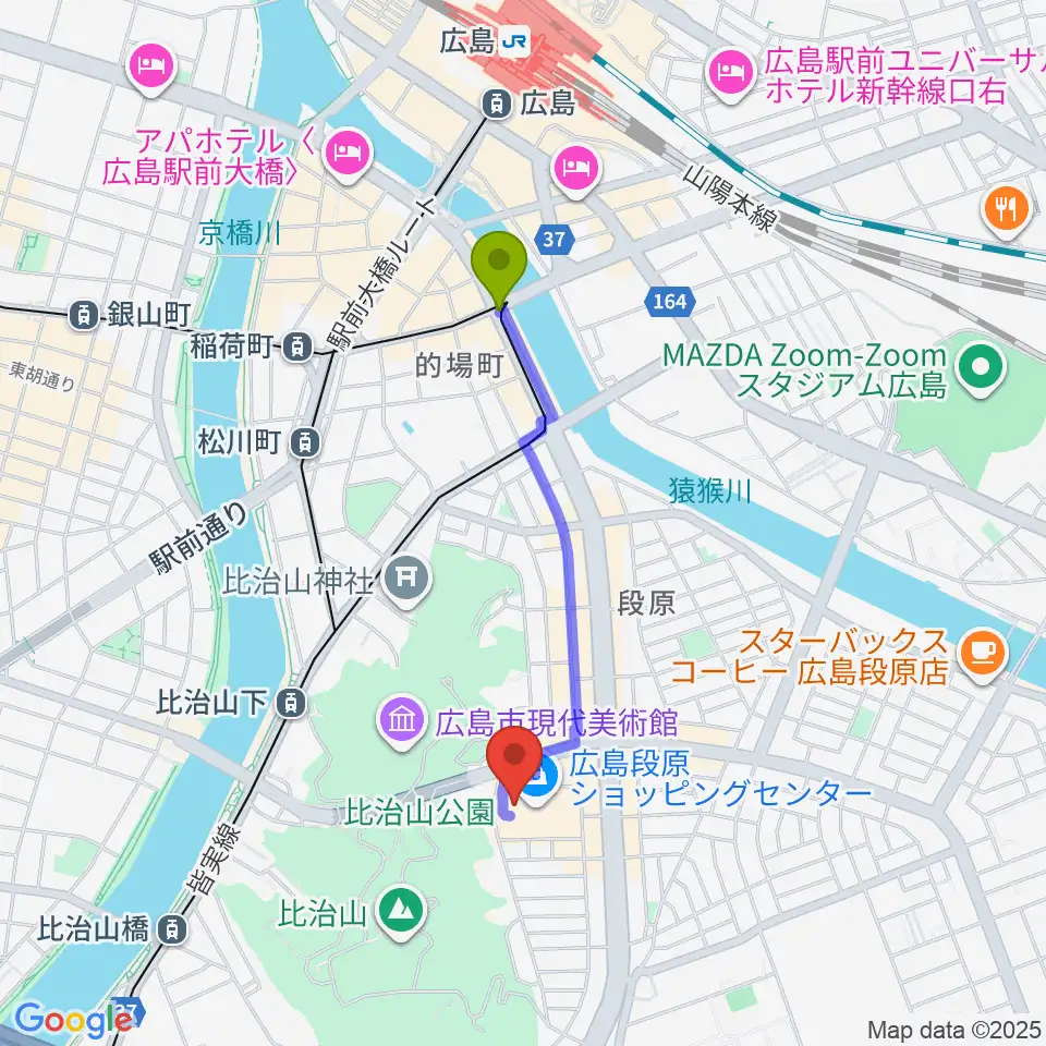 的場町駅から広島カルチャーセンターへのルートマップ地図