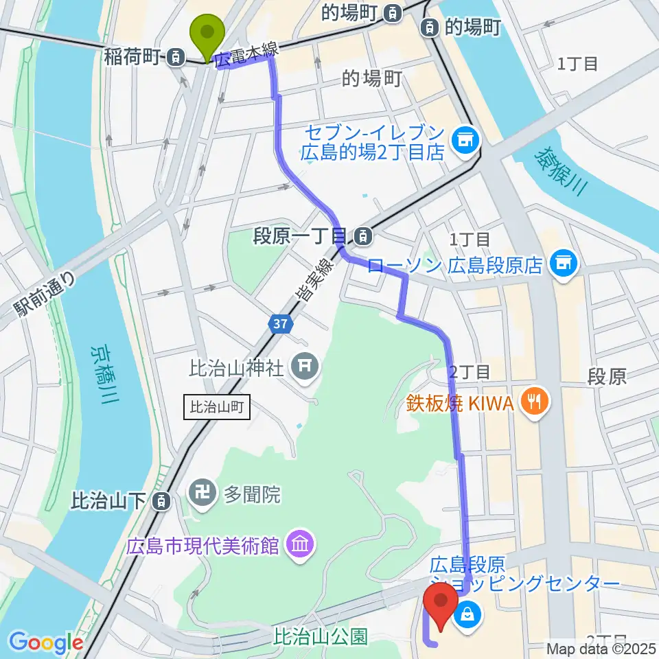 稲荷町駅から広島カルチャーセンターへのルートマップ地図