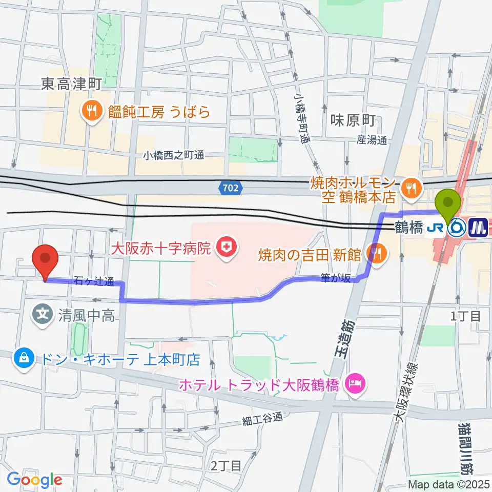鶴橋駅からMUSICA VITA音楽教室へのルートマップ地図