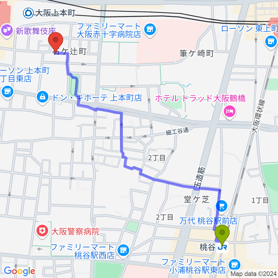 桃谷駅からMUSICA VITA音楽教室 上本町校へのルートマップ地図