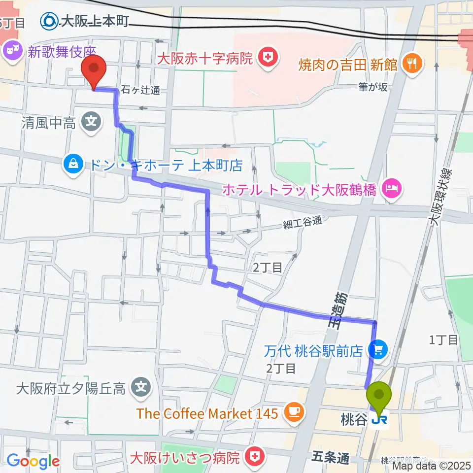 桃谷駅からMUSICA VITA音楽教室へのルートマップ地図