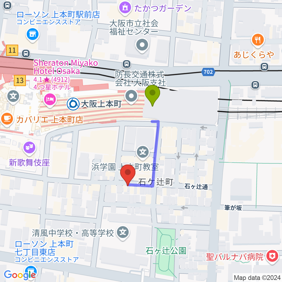 MUSICA VITA音楽教室 上本町校の最寄駅大阪上本町駅からの徒歩ルート（約2分）地図