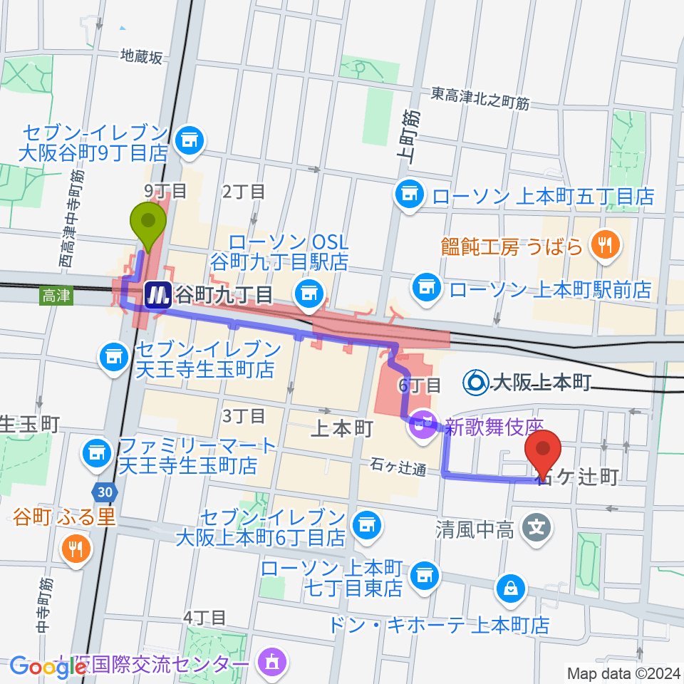 谷町九丁目駅からMUSICA VITA音楽教室 上本町校へのルートマップ地図