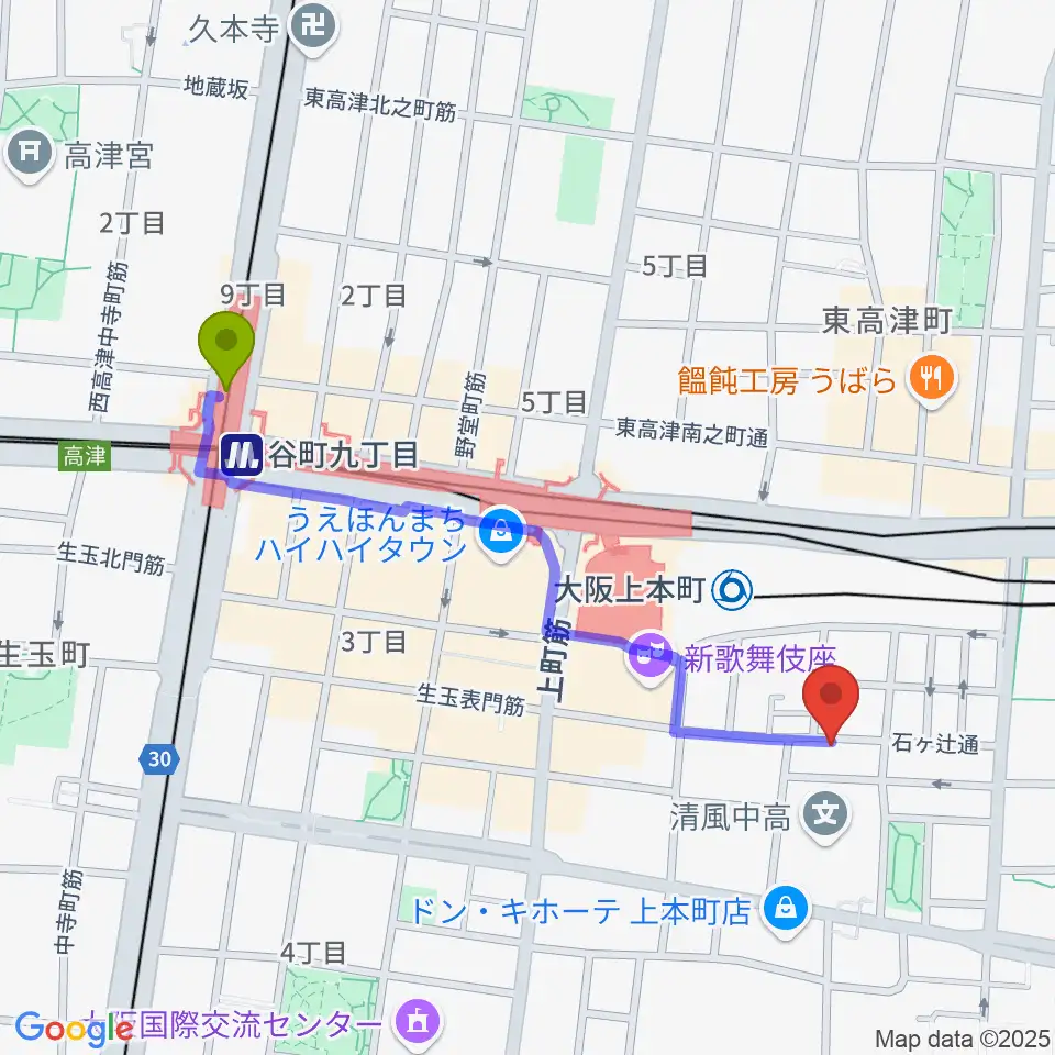 谷町九丁目駅からMUSICA VITA音楽教室へのルートマップ地図