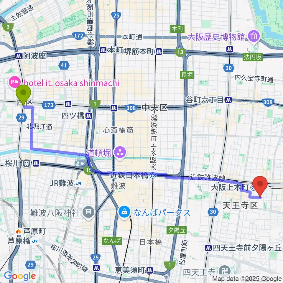 西長堀駅からMUSICA VITA音楽教室へのルートマップ地図