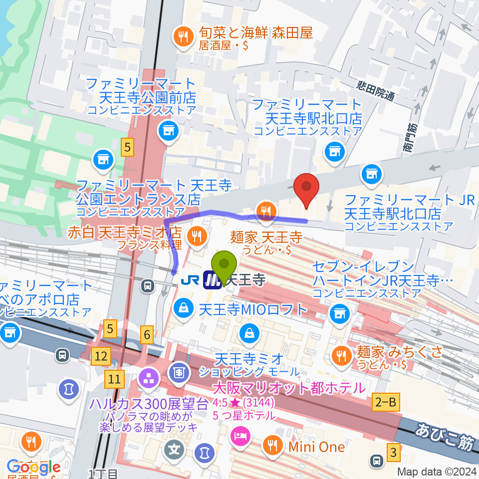 Divaluxe天王寺校の最寄駅天王寺駅からの徒歩ルート（約2分）地図