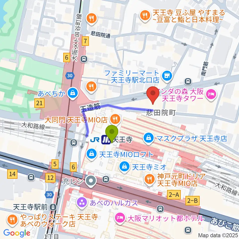 Divaluxe天王寺校の最寄駅天王寺駅からの徒歩ルート（約2分）地図