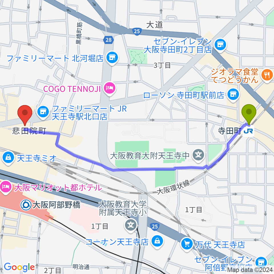 寺田町駅からDivaluxe天王寺校へのルートマップ地図